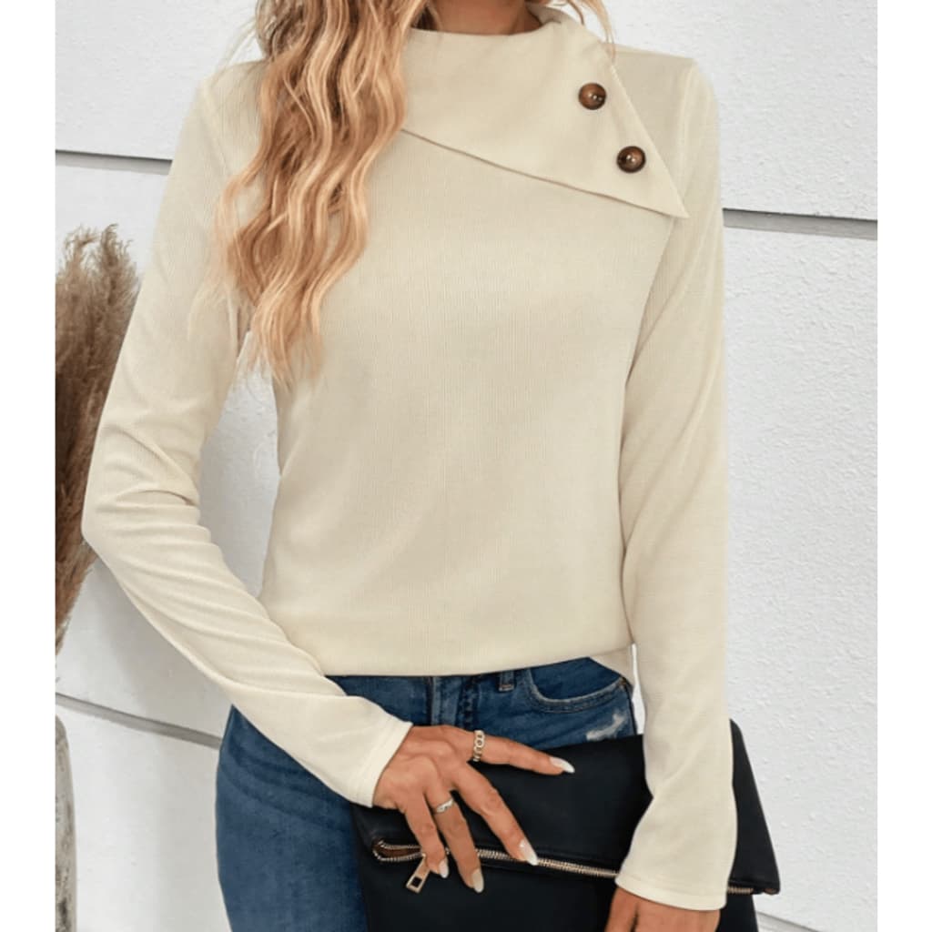 blusa bege canelada manga longa gola alta botões elegante quentinha inverno fleece agasalho