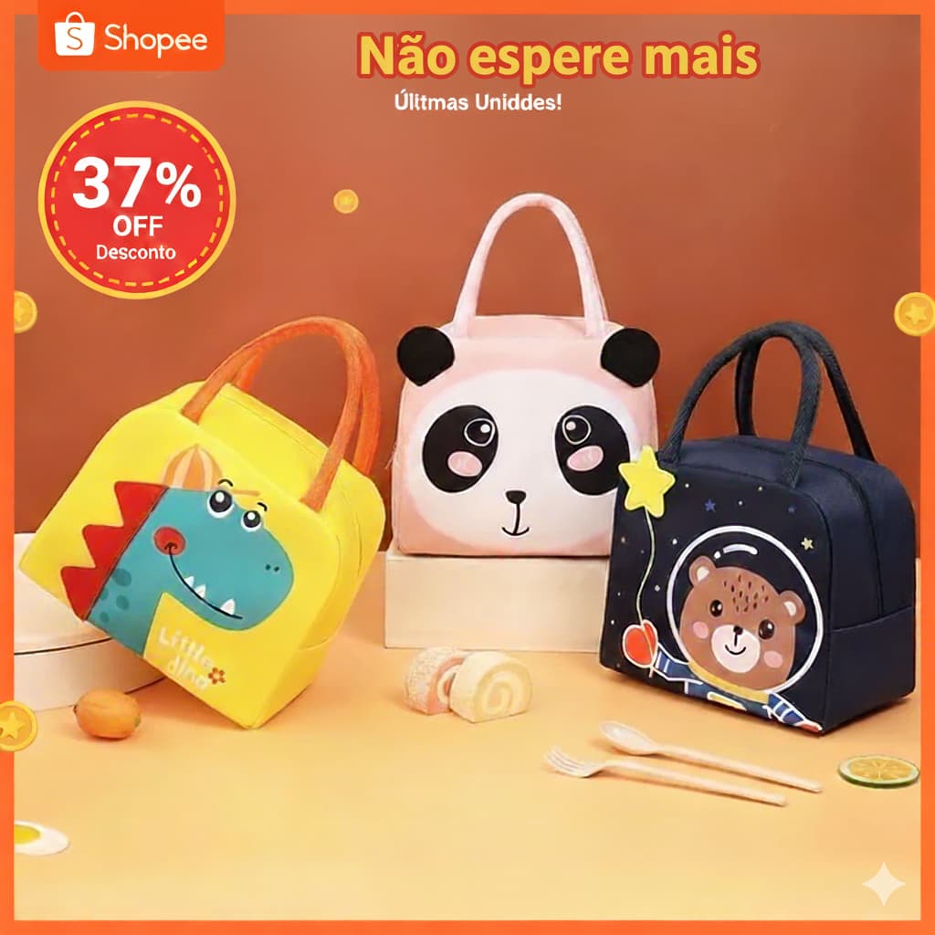 Bolsa Térmica Infantil Lancheira Escolar Marmita C/ Alça Estampas Animais Fofos 3D
