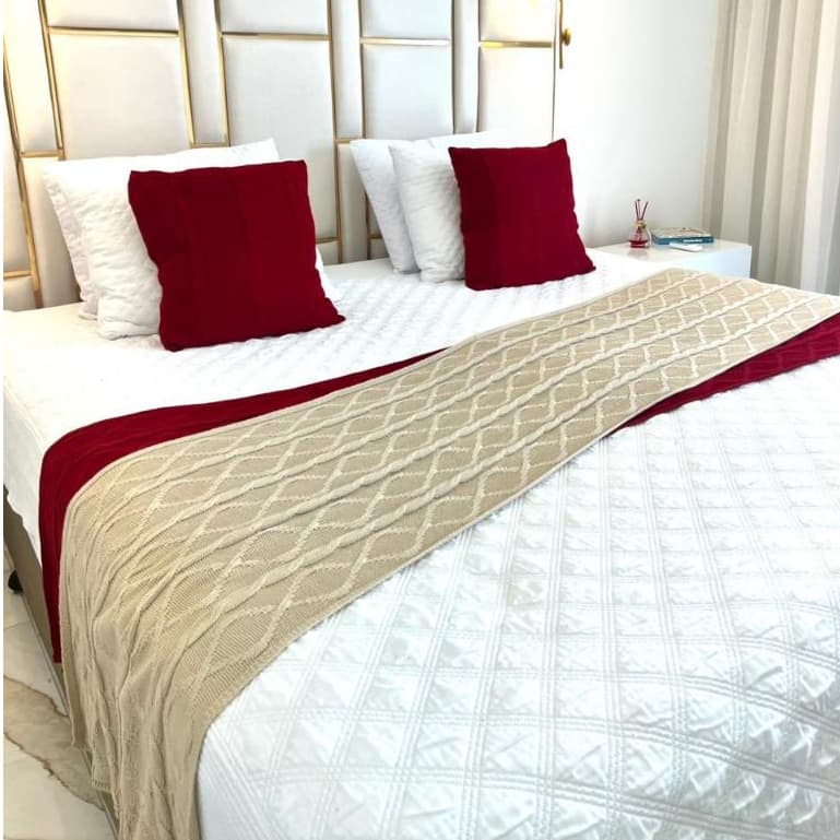 Kit Peseira Manta de Tricot +2 Capas de Almofadas Sofá Cama Casal Queen King Luxo Decorativa