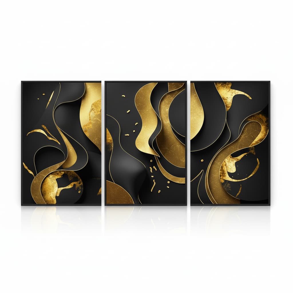 Quadro decorativo 3 peças Abstrato Preto e Dourado decoração moderna quarto sala interiores