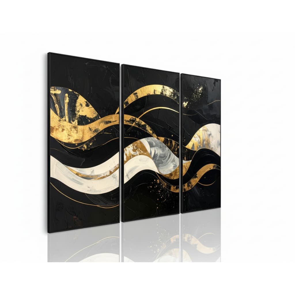 Quadro decorativo 3 peças Abstrato Preto Dourado Branco decoração quarto sala