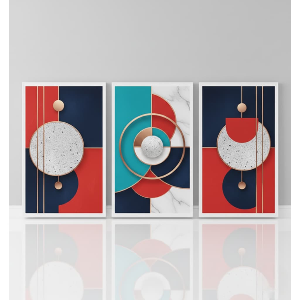 Quadro decorativo 3 peças Abstrato Colorido Vermelho e Azul decoração quarto sala interiores