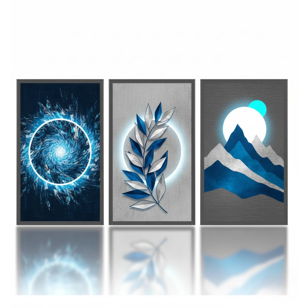 Quadro decorativo 3 peças Abstrato Azul e Prata decoração moderna quarto sala interiores