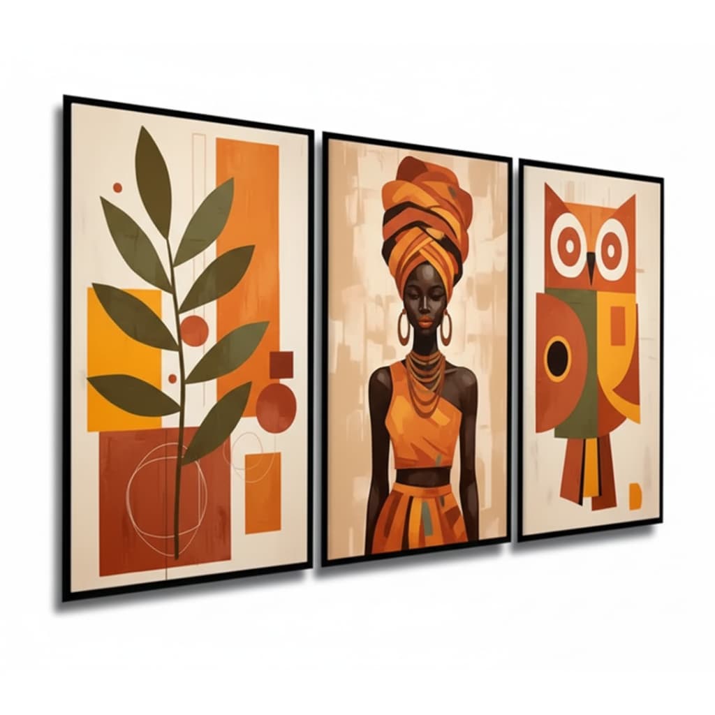 Quadro decorativo 3 peças Africana Colorida Coruja Folhas decoração moderna quarto sala