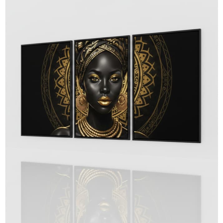 Quadro decorativo 3 peças Africana maquiagem dourada decoração quarto sala interiores