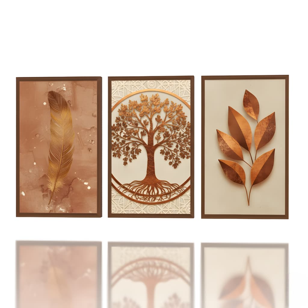 Quadro decorativo 3 peças Árvore da Vida Cobre decoração quarto sala interiores