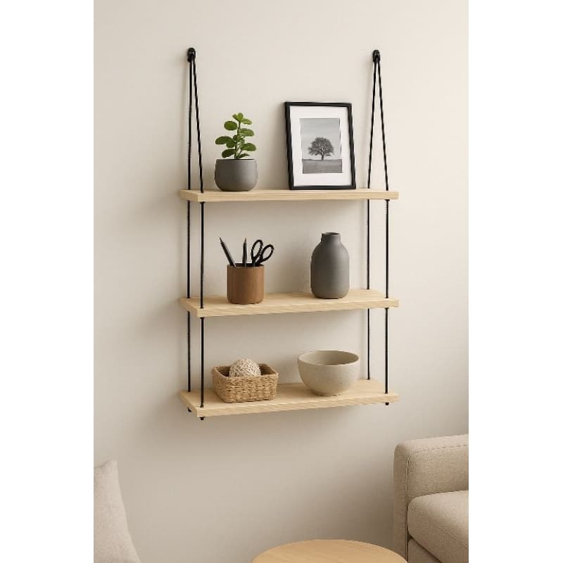 Kit 3 Prateleira Suspensa de Madeira Pinus Corda Decorativa 4mm Jardim Vertical Nicho de parede Multiuso