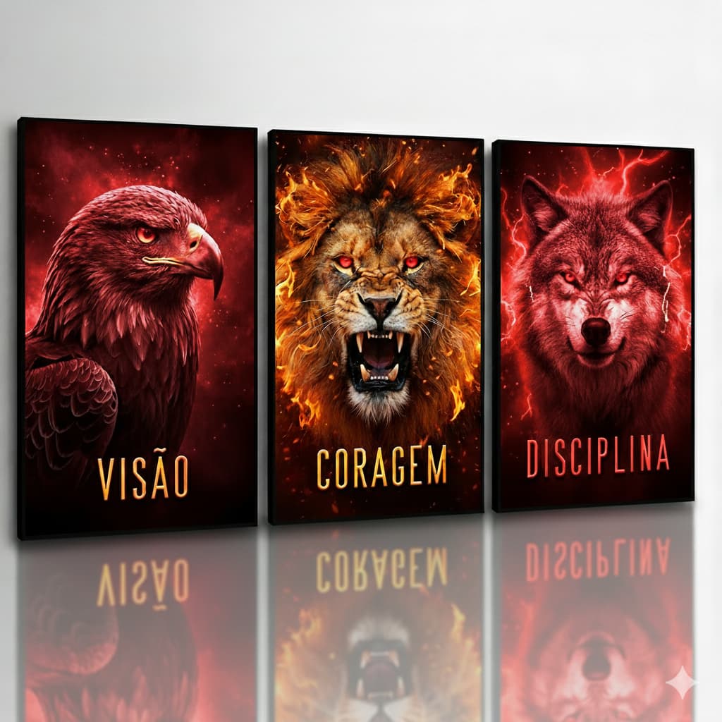 Quadro decorativo 3 peças Motivacional Visão Coragem Disciplina decoração quarto sala