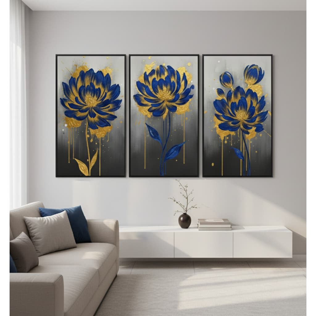Quadro decorativo 3 peças Flor Azul e Dourada decoração quarto sala interiores