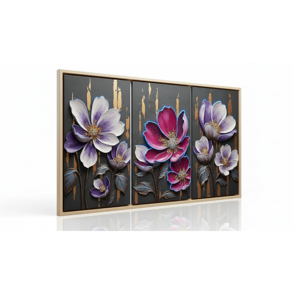 Quadro decorativo 3 peças Flores Roxas e Lilás decoração quarto sala interiores