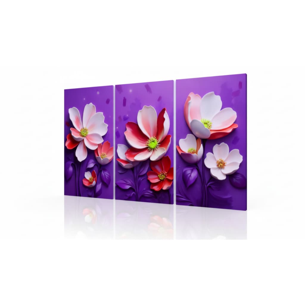 Quadro decorativo 3 peças Flor Vermelha fundo Roxo decoração quarto sala interiores