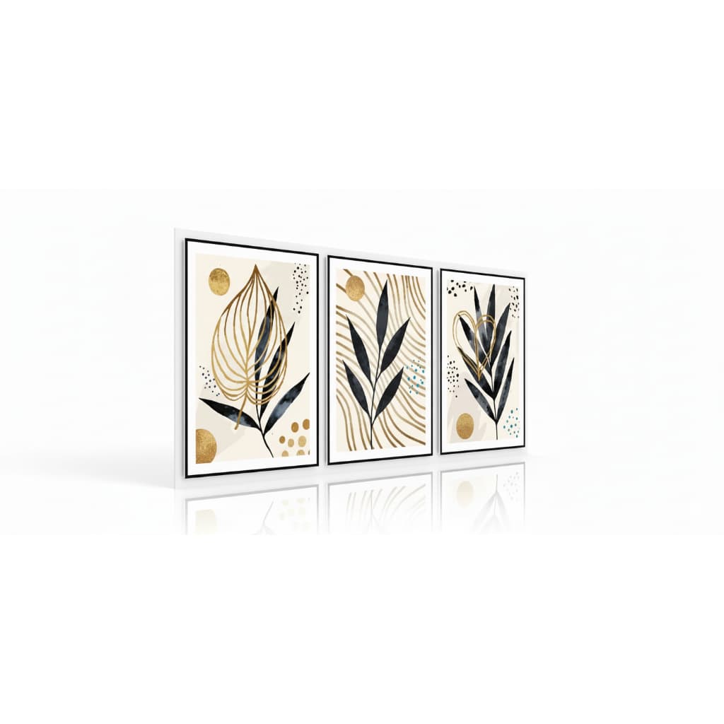 Quadro decorativo 3 peças Abstrato Galhos e Folhas Preto e Dourado decoração quarto sala