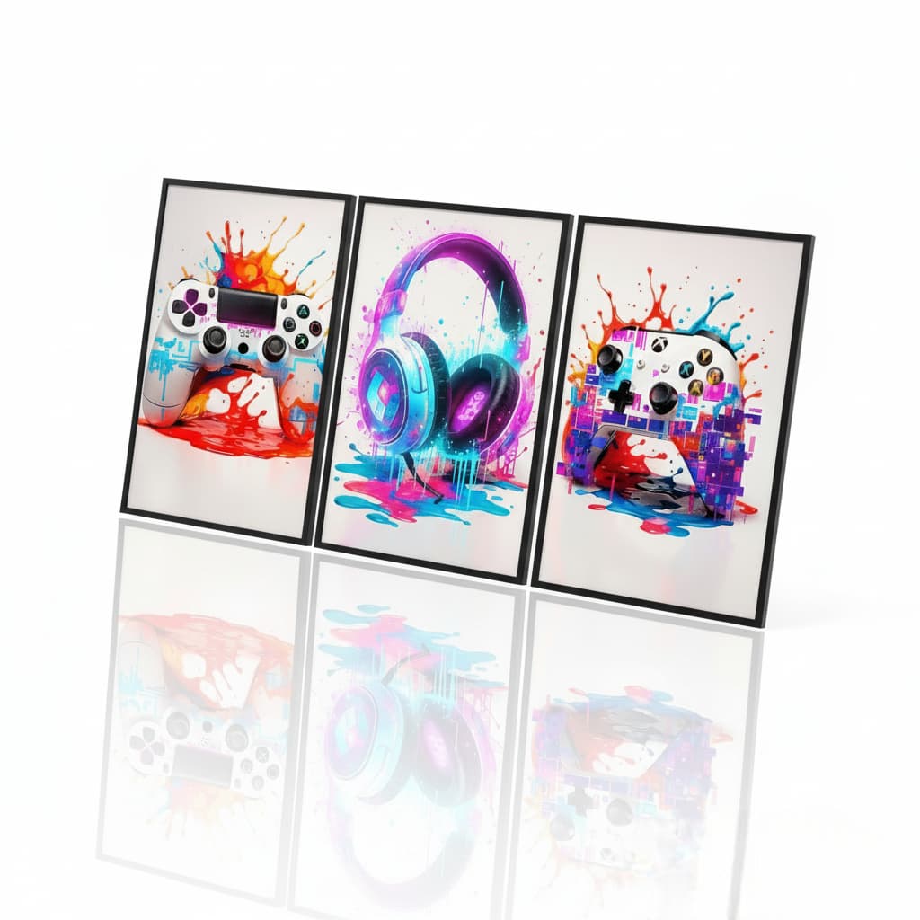 Quadro decorativo 3 peças Gamer Controle colorido decoração quarto de jogos