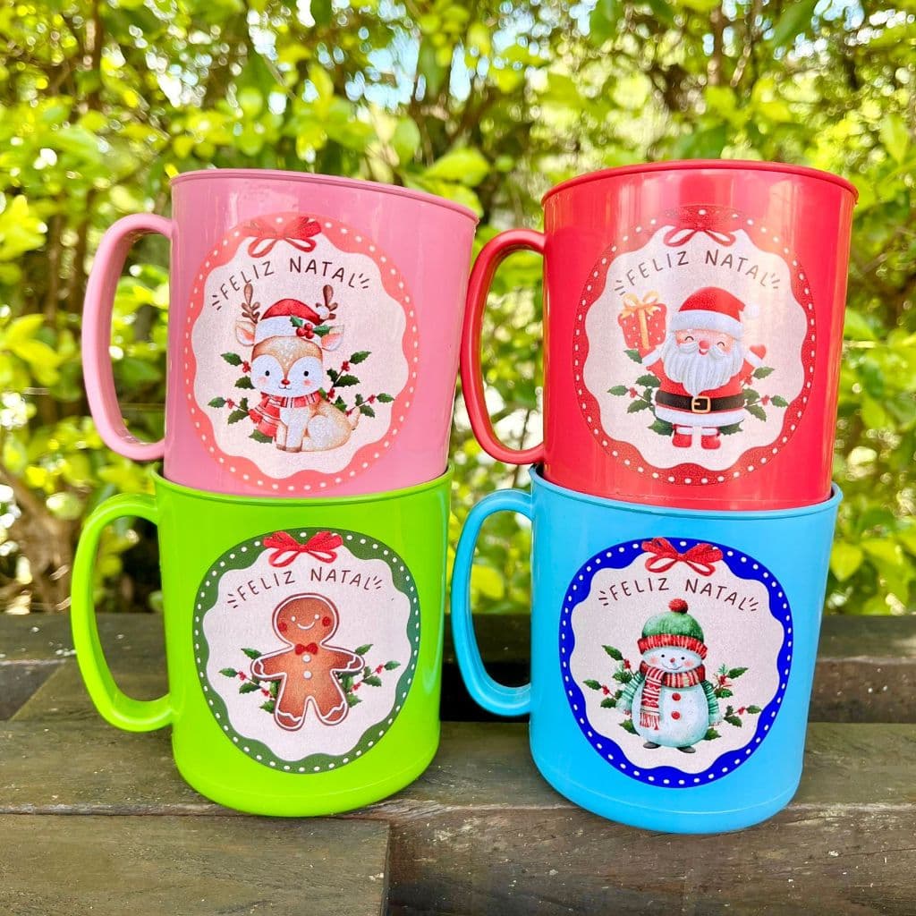KIT 10-15-20 Canecas adesivadas Feliz  Natal lembrancinhas Presentes Escola Caneca biscoito, boneco de neve natalinas