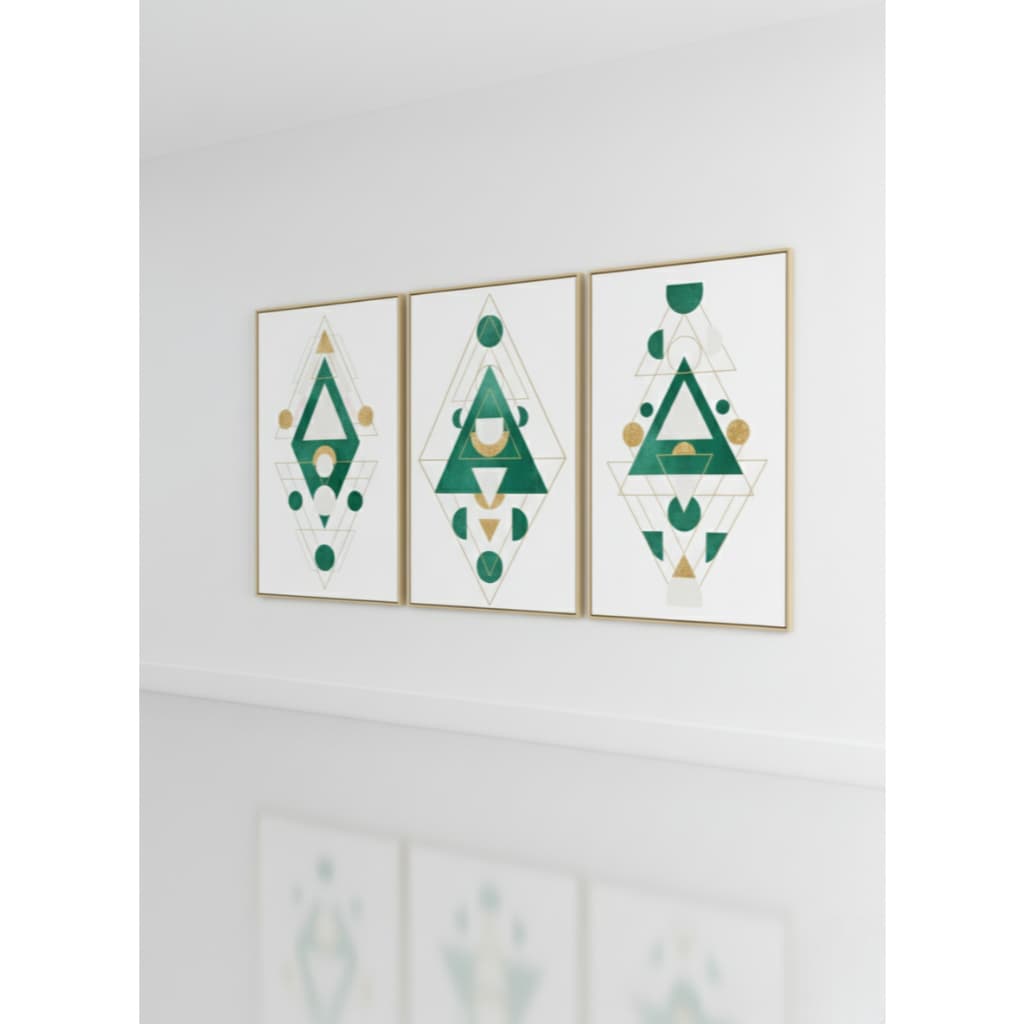 Quadro decorativo 3 peças Abstrato Geométrico Verde e Dourado decoração quarto sala
