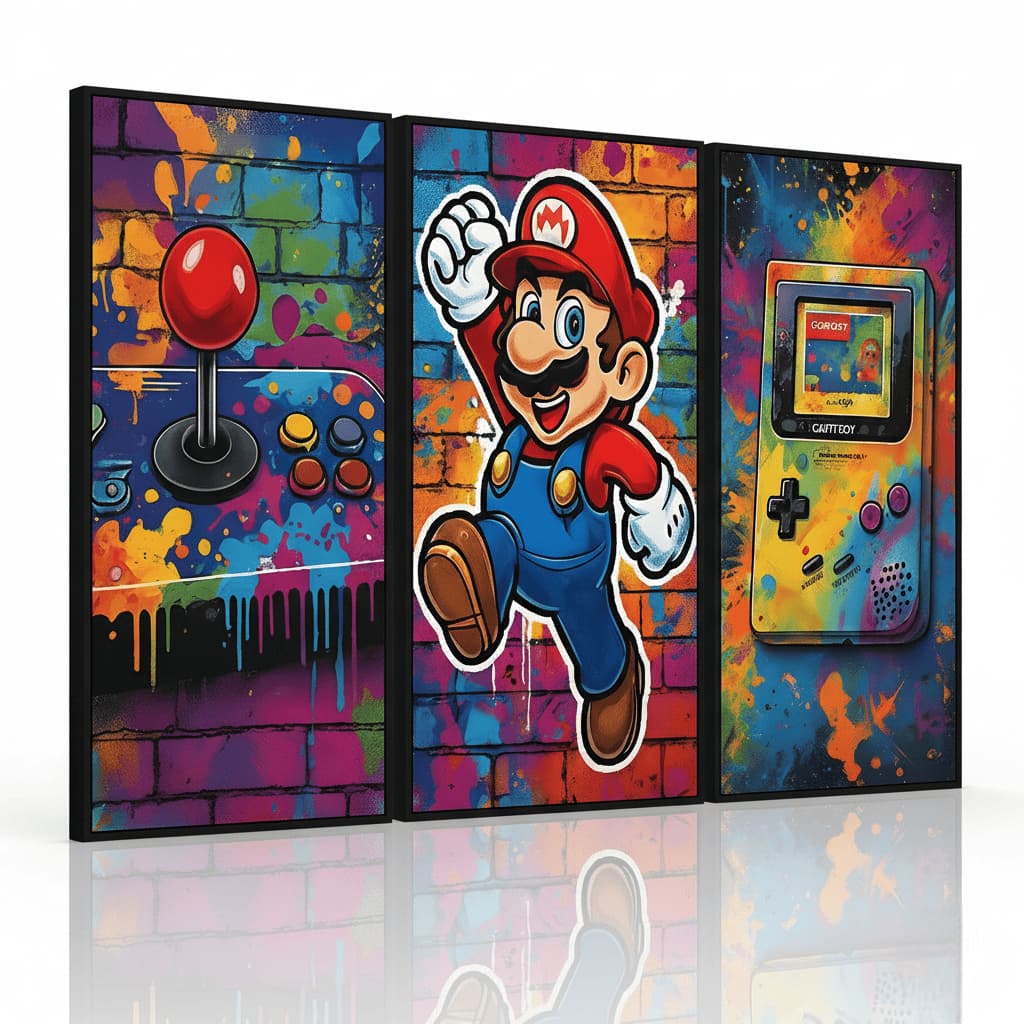 Quadro decorativo 3 peças Jogo Mário Bross decoração infantil quarto interiores