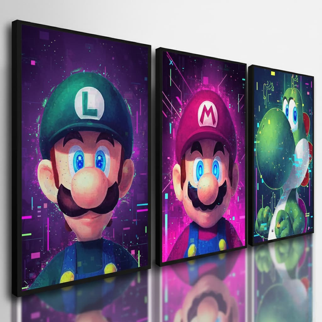 Quadro decorativo 3 peças Mario Bross gamer jogo decoração quarto infantil