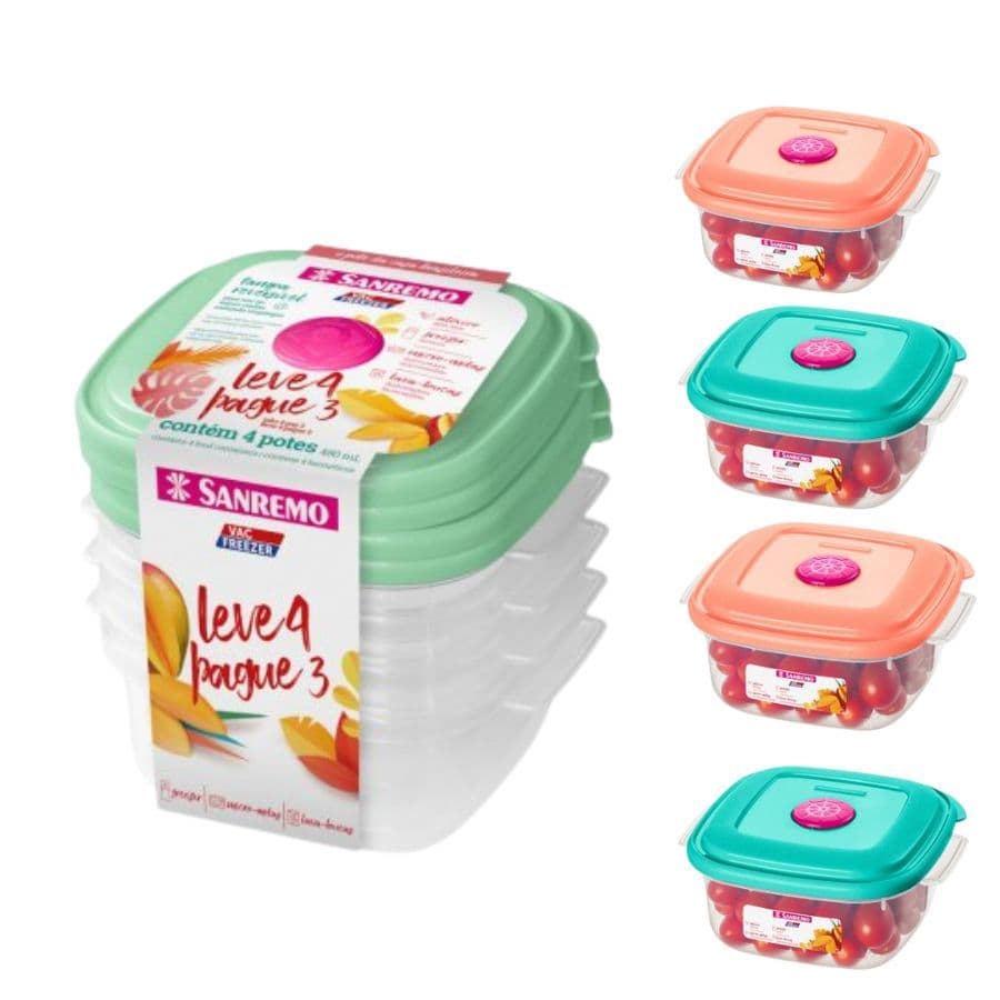 Conjunto 4 Potes Quadrado Vac Freezer  Plastico Sanremo 480ML