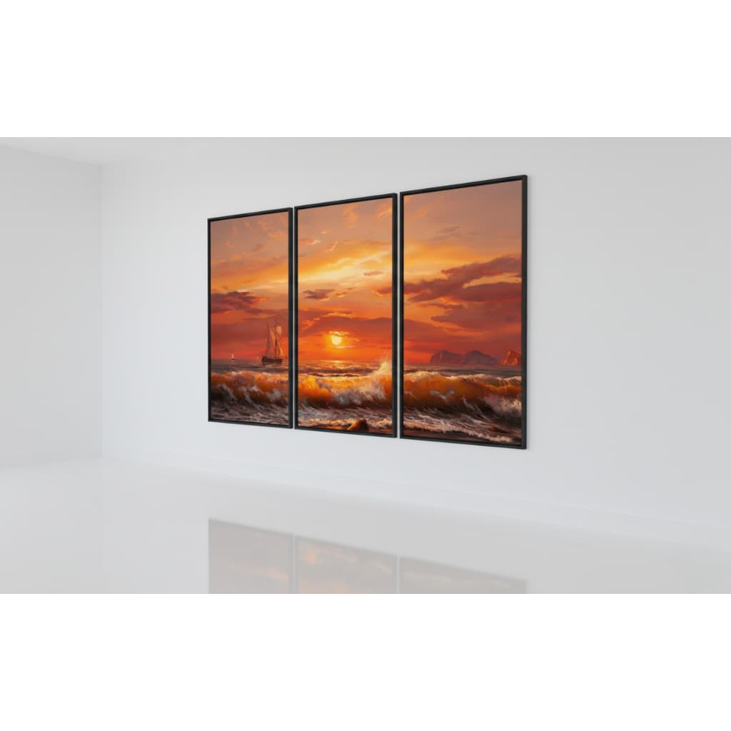 Quadro decorativo 3 peças Paisagem Mar Pôr do Sol decoração quarto sala interiores