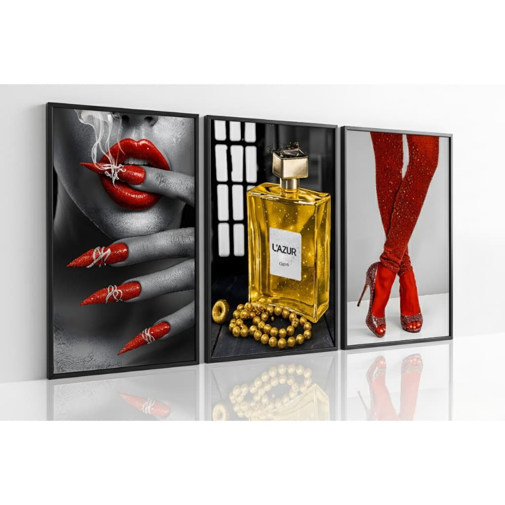 Quadro decorativo 3 peças Perfume Boca Vermelhas Unhas decoração quarto sala interiores