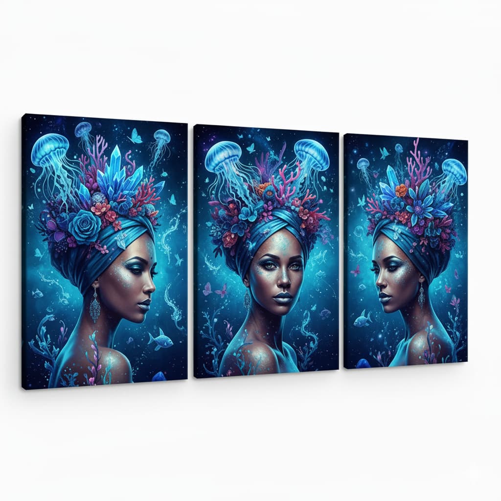 Quadro decorativo 3 peças Iemanjá Rainha das Águas decoração quarto sala interiores
