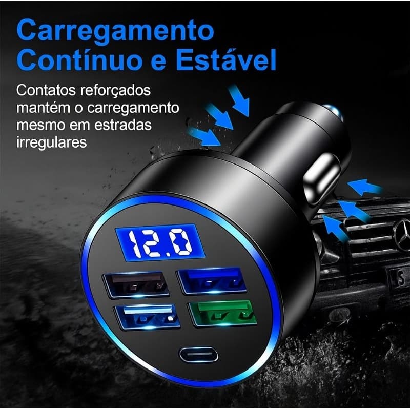 Carregador turbo de carro 5 portas  com display digital  / Carga rápida