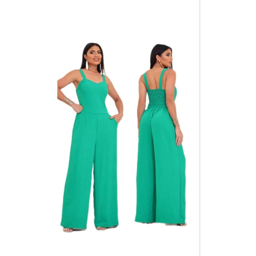 Macacão Feminino Longo  Elegante com Alça Grossa Bolso Lateral e Detalhe em Lastex nas Costas