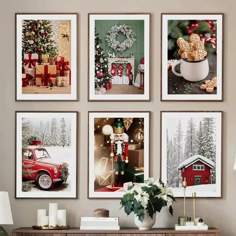Quadro Decorativo Inverno natal biscoitos, café, casas de neve, presentes arte festa de férias decoração casa café