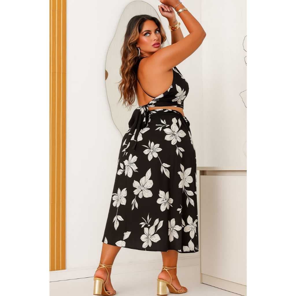 CONJUNTO VESTIDO LONGO FEMININO PLUS SIZE CROPPED , SAIA ENVELOPE  TECIDO CREPINHO ESTAMPADO DE 2 PEÇAS