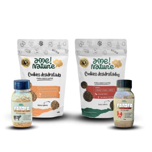Kit com 2 saborizantes de ração Pet 100% Natural + 2 Pacotes de petiscos tamanho mini com 100 gramas