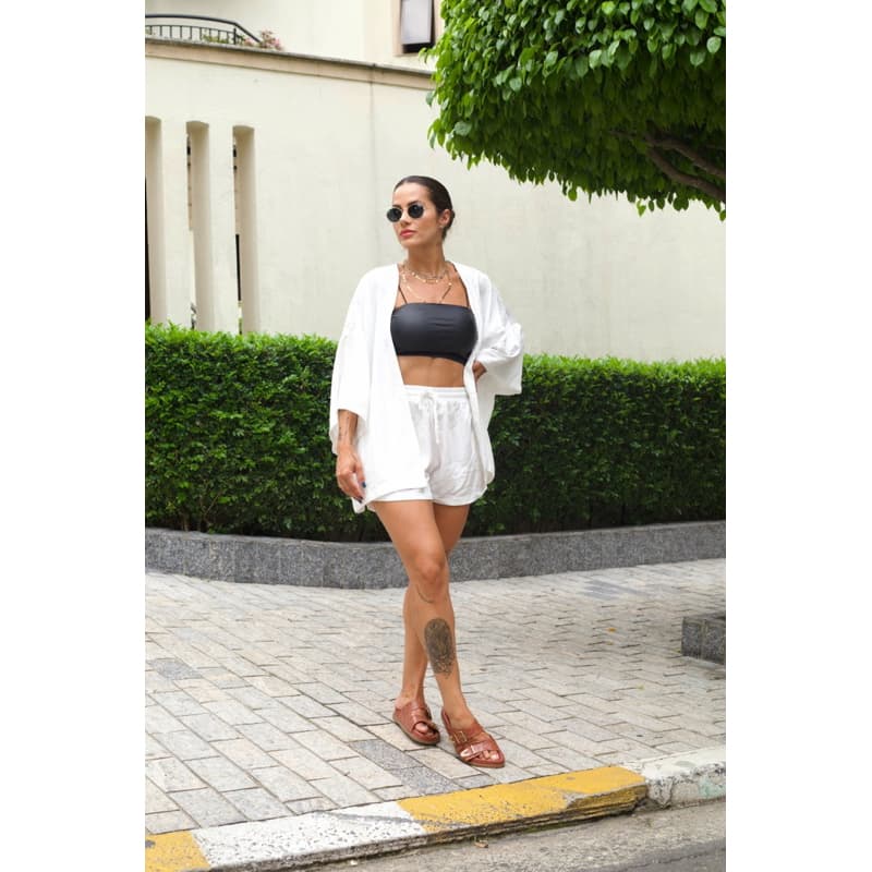 Conjunto Kimono Feminino Branco Duas pecas shorts reiveion ano novo moda praia moda feminina verao saida de praia