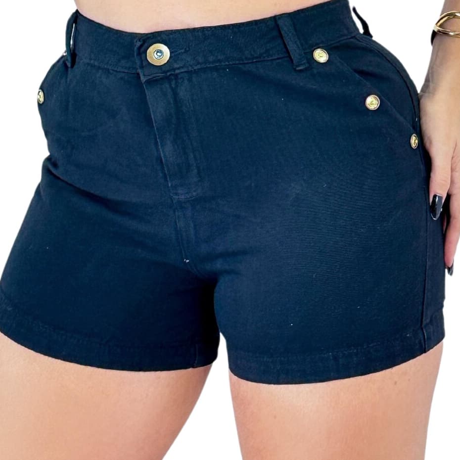 Short Jeans Feminino Preto com Detalhes Laterais