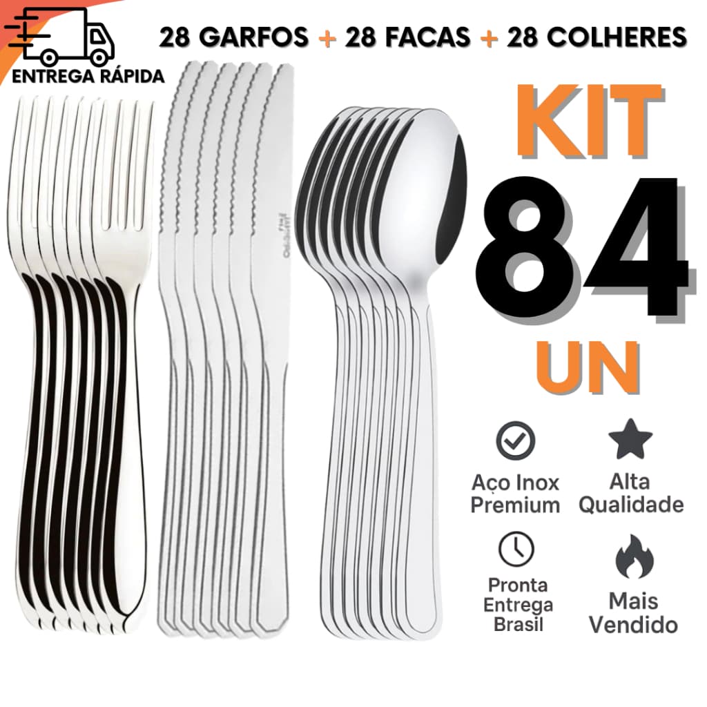 Jogo 84 Talheres em Aço Inox Resistentes Brilhantes e Fáceis de Limpar