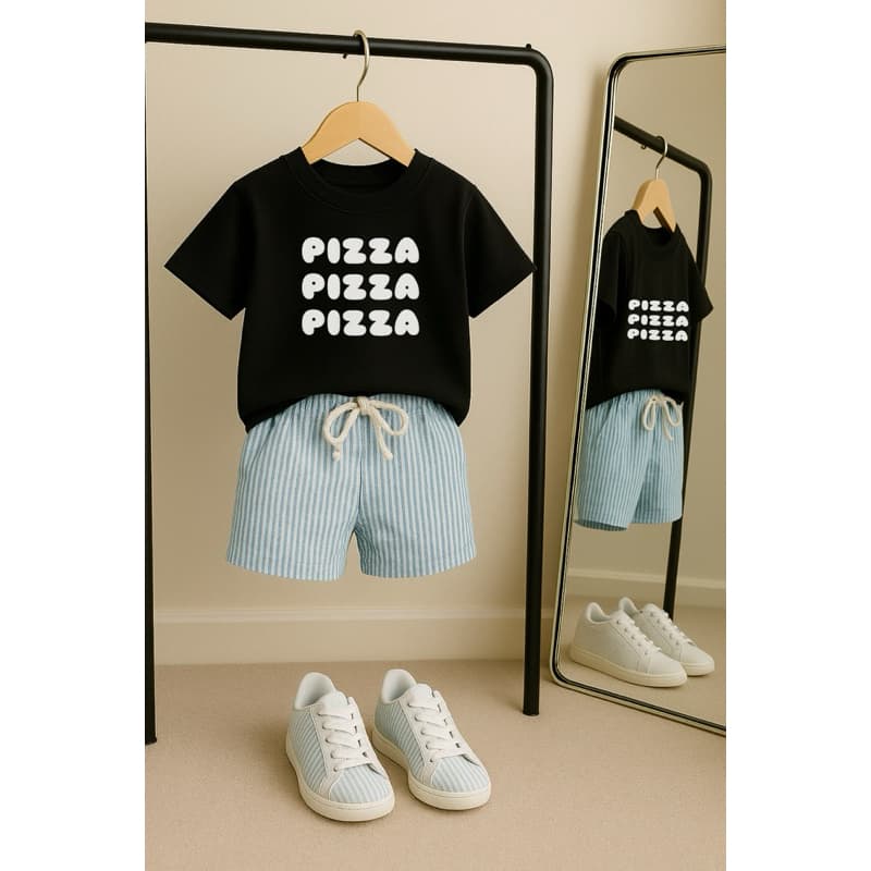 conjunto shorts verao infantil menino confortável 02 ao 12 anos | camiseta pizza preta e bermuda listras azul