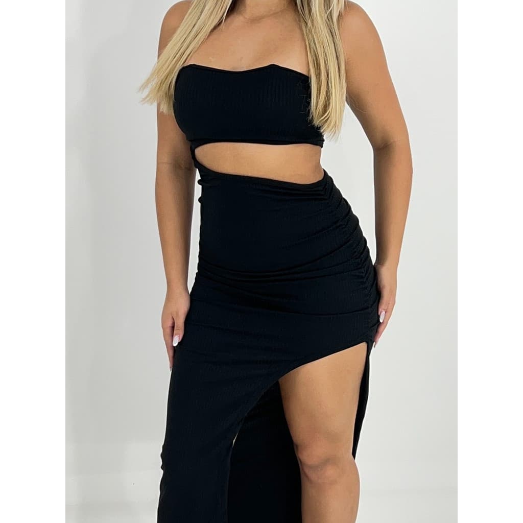 Vestido Feminino Grécia Canelado Premium, Tomara que Caia com Fenda Lateral