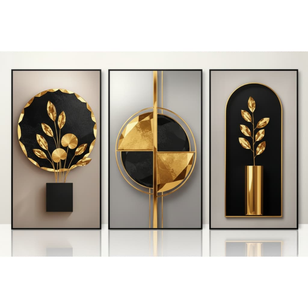 Quadro decorativo 3 peças Abstrato Folhas Douradas e Pretas decoração quarto sala interiores