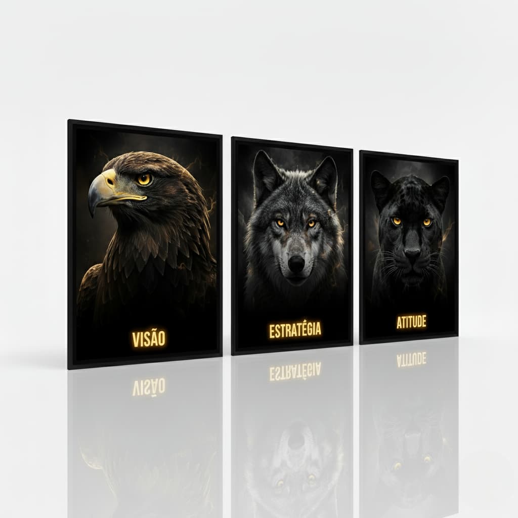 Quadro decorativo 3 peças Motivacional Visão Estratégia Atitude decoração quarto sala