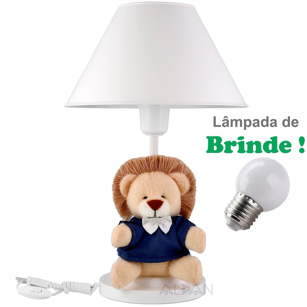 Abajur Infantil Quarto Bebe Safari Leão Luminaria Leãozinho Azul Marinho + Lâmpada De Brinde