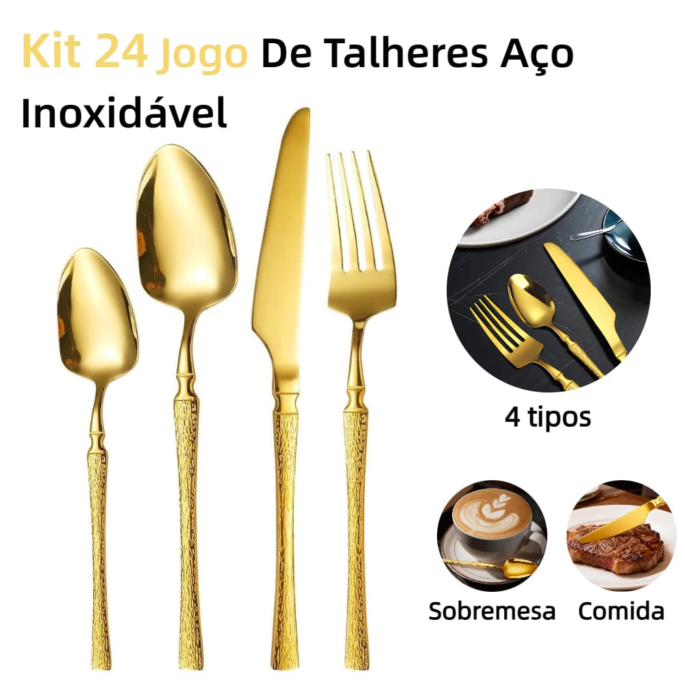 Kit 24 Jogo De Talheres Aço Inoxidável Cintura Fina Textura Dourado