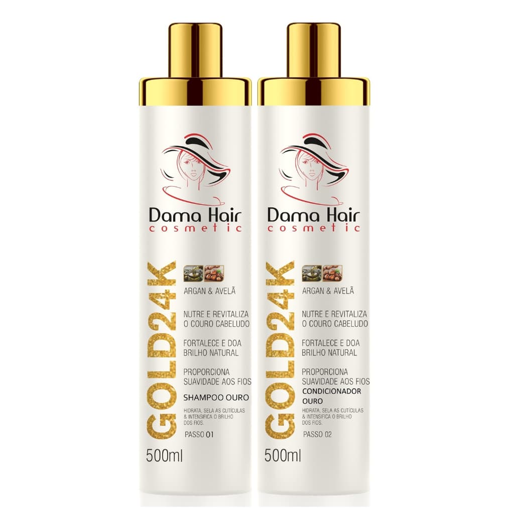 Dama Hair Gold 24k Profissional – Brilho e Nutrição com Shampoo + Condicionador 500ml
