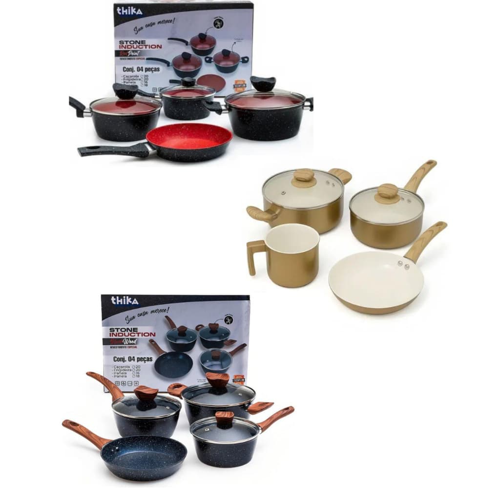 Kit Conjunto de Jogo de Panelas 4 peças - Antiaderente com tampa de vidro - Fogão de Indução e a Gás