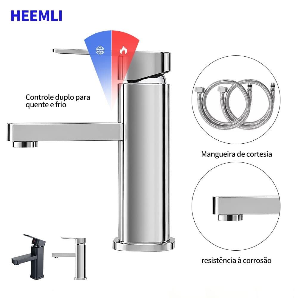 Heemli Torneira para Lavatório ABS Cromado Monocomando Design Quadrado Água Fria e Quente 2 Mangueiras 60cm Inclusas