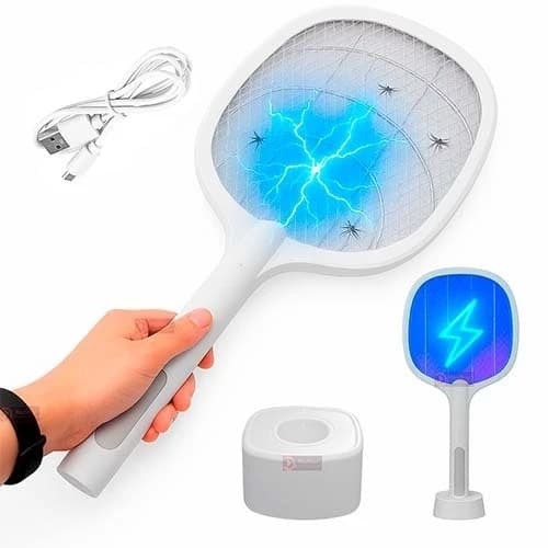 Eficaz Raquete Mata Mosquito Dobrável com Base de Carregamento USB Segura