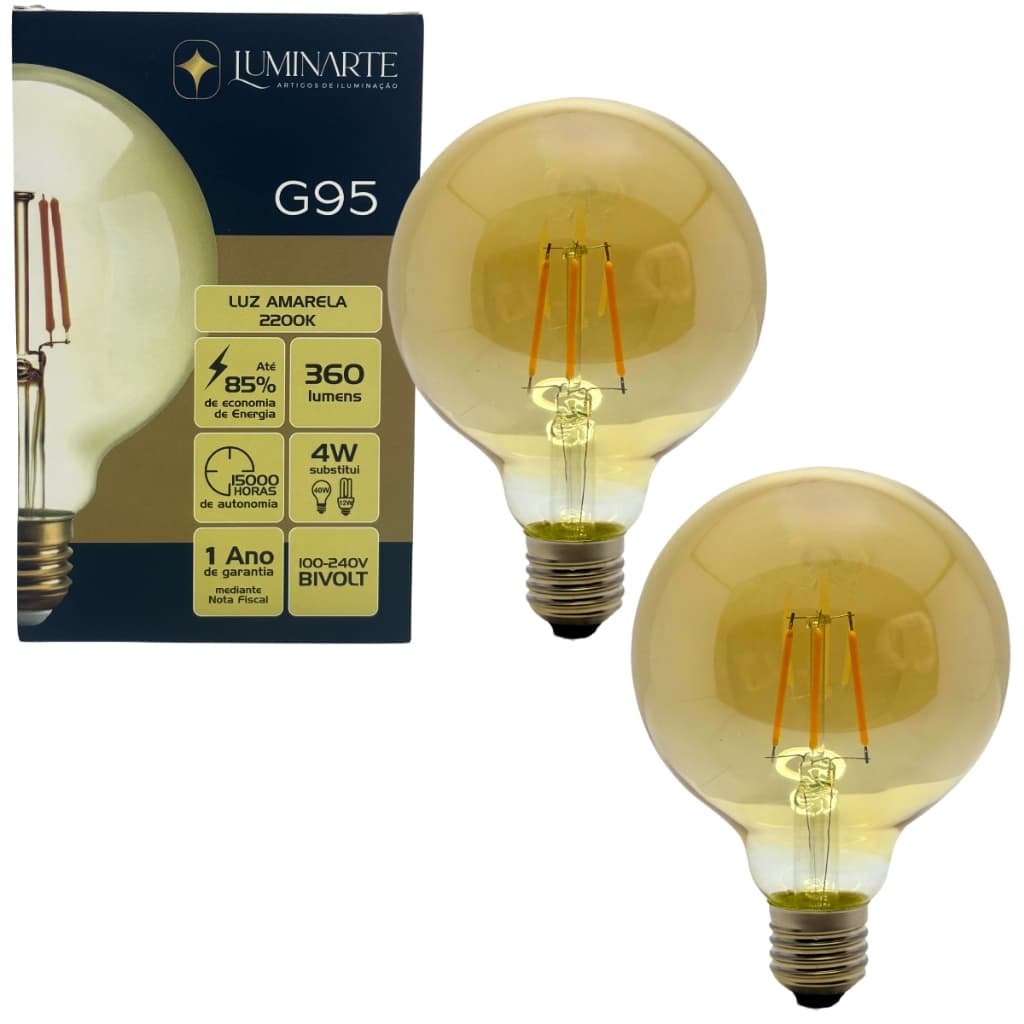 Kit 2 Lâmpadas Filamento Led G95 Âmbar Bivolt 4W 2200K Luminarte Luz Amarela