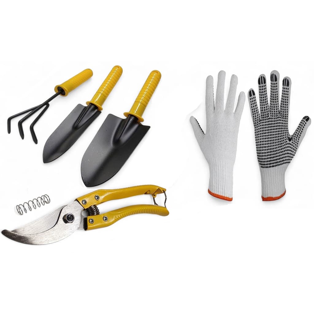Kit jardinagem mato galho madeira planta ancinho + 2 pazinhas + luvas + tesoura para poda