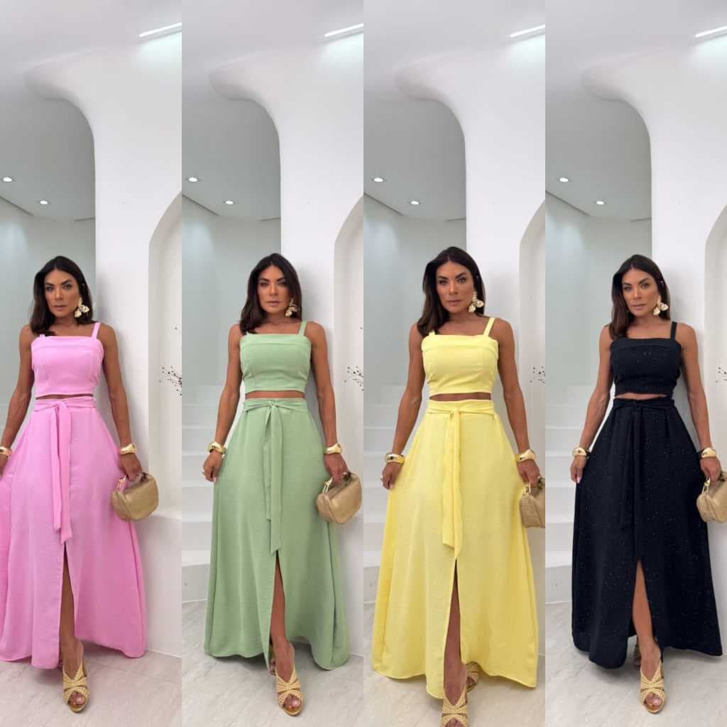 Conjunto Duna com Brilho Feminino – Top com Bojo e Amarração nas Costas + Saia Longa Forrada | Look Incrível para Festa