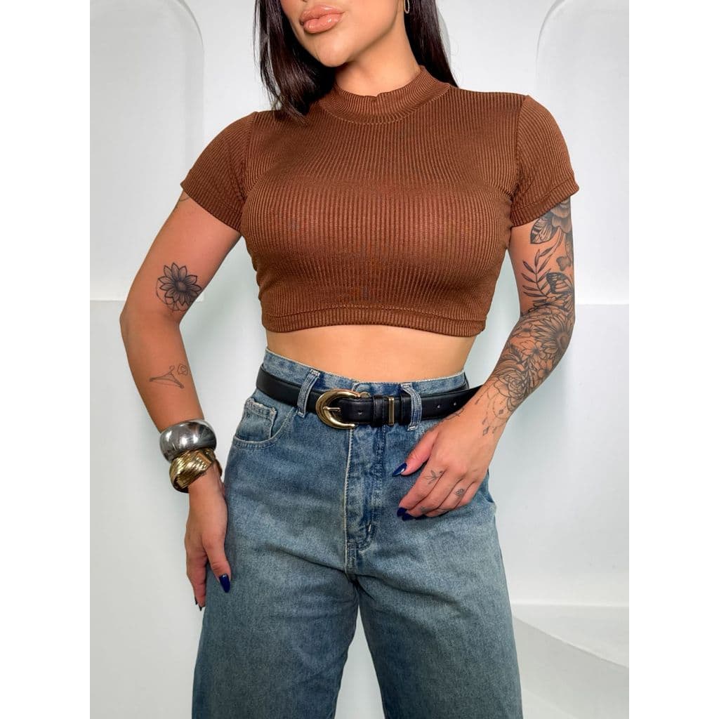 Cropped Canelado Gola Alta Feminino Manga curta Lisa Top