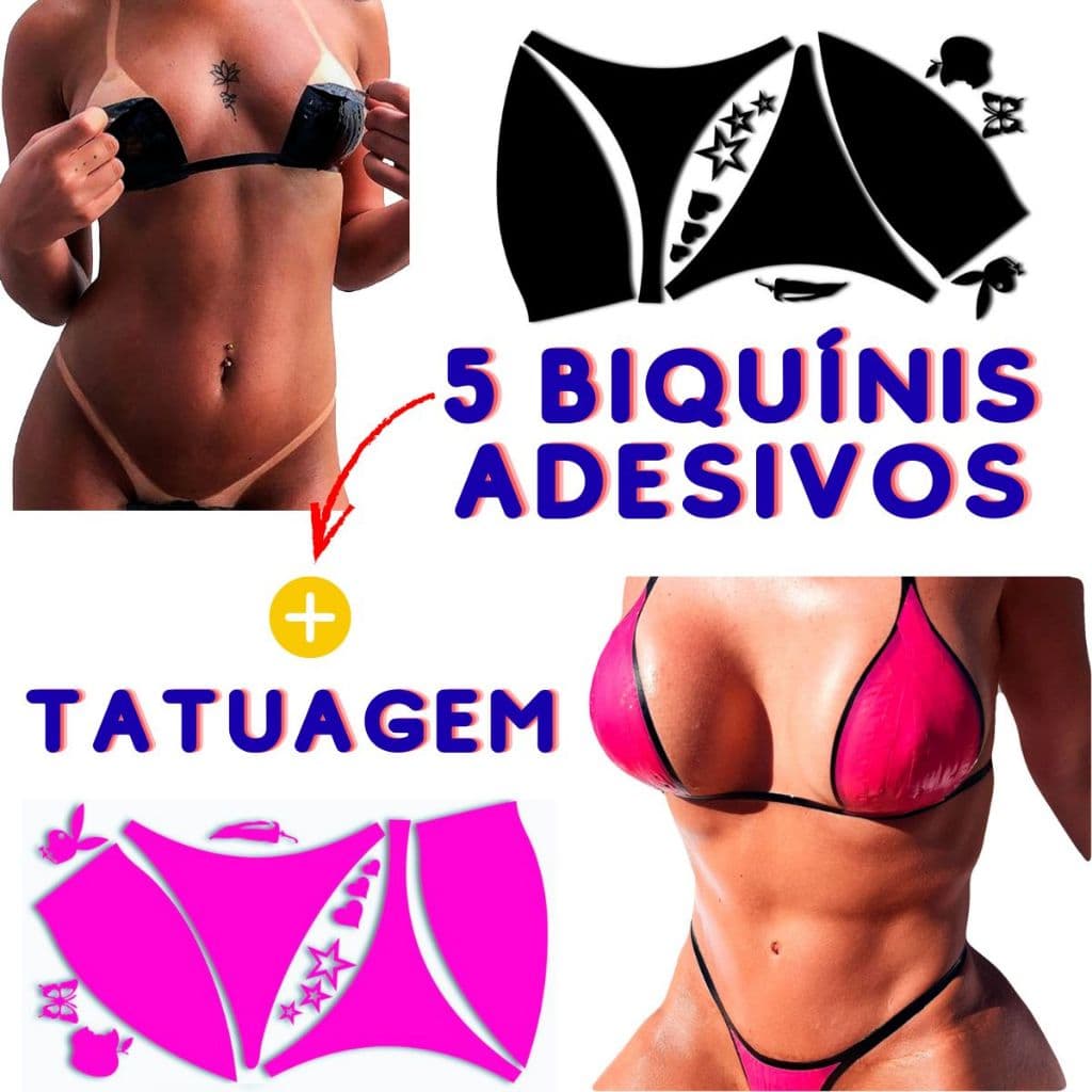 Kit 5 Biquíni Fio Dental Adesivo Marquinha Bronzeamento Imita Asa Delta + Fita Adesiva e Tatuagem