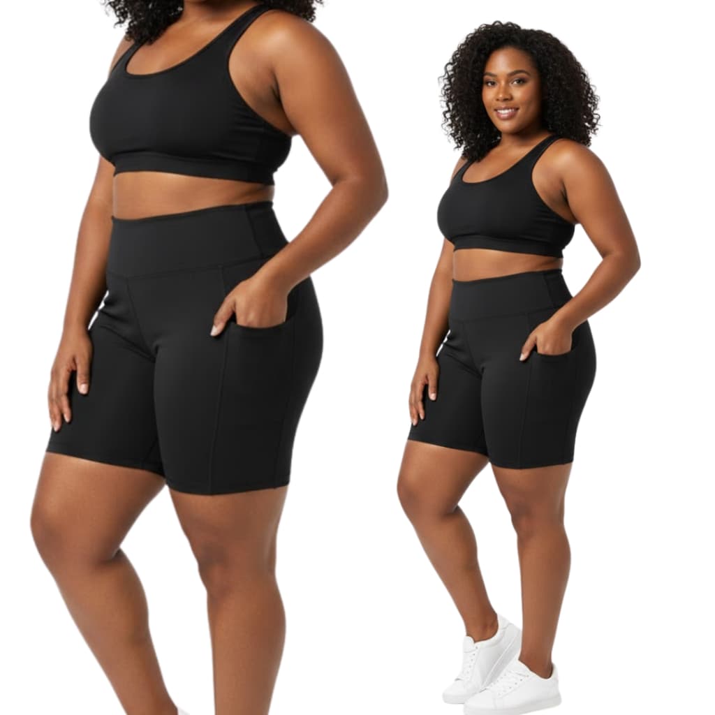 Conjunto de Academia Feminina Plus Size Kit Conjunto Top Nadador + Shorts com Bolso Preto Fitness Treino G1 G2 e G3
