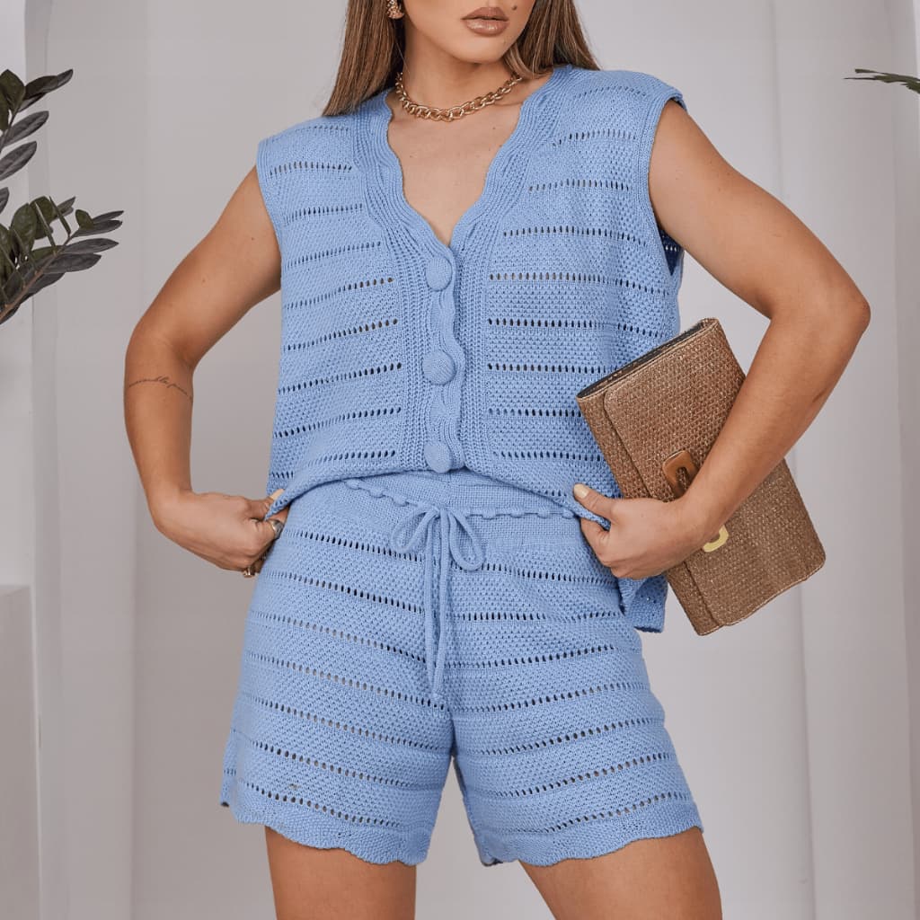Conjunto Feminino Verão Blusa Tricot Rendado Shorts Camisa Botão Saída de Praia Moda Praia Elegante